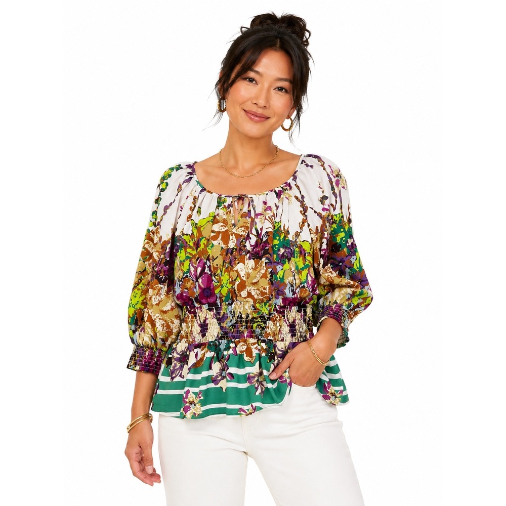 Daniel Rainn Women XL Floral Smocked Peplum Blouse Green Striped 3/4 Sleeve Top